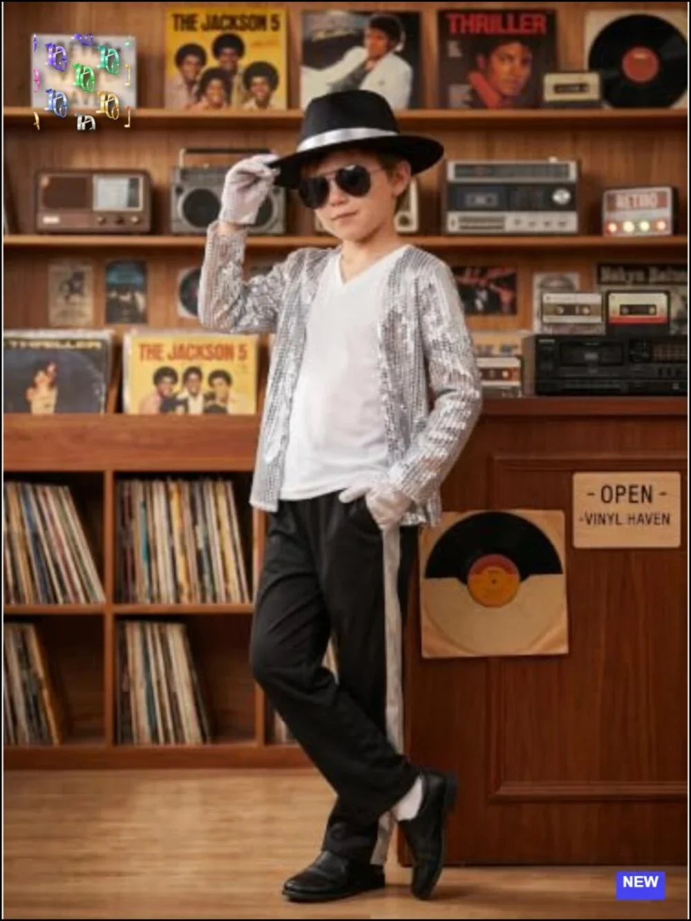 Boys 80s 90s Dance Costume Sequin Shirt Pants Hat Gloves Sunglasses Set